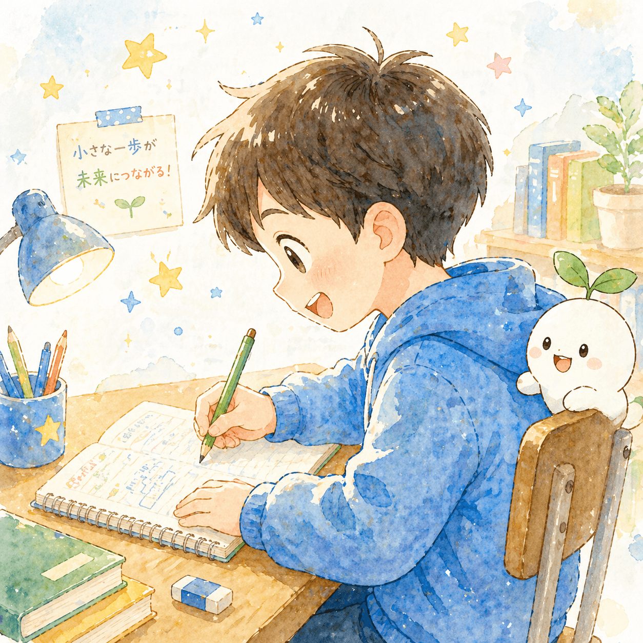 机に向かってノートに鉛筆で書く男の子のイラスト