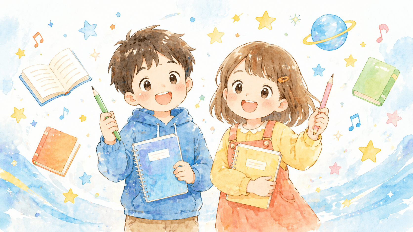 ノートと鉛筆を持って笑顔の男の子と女の子のイラスト