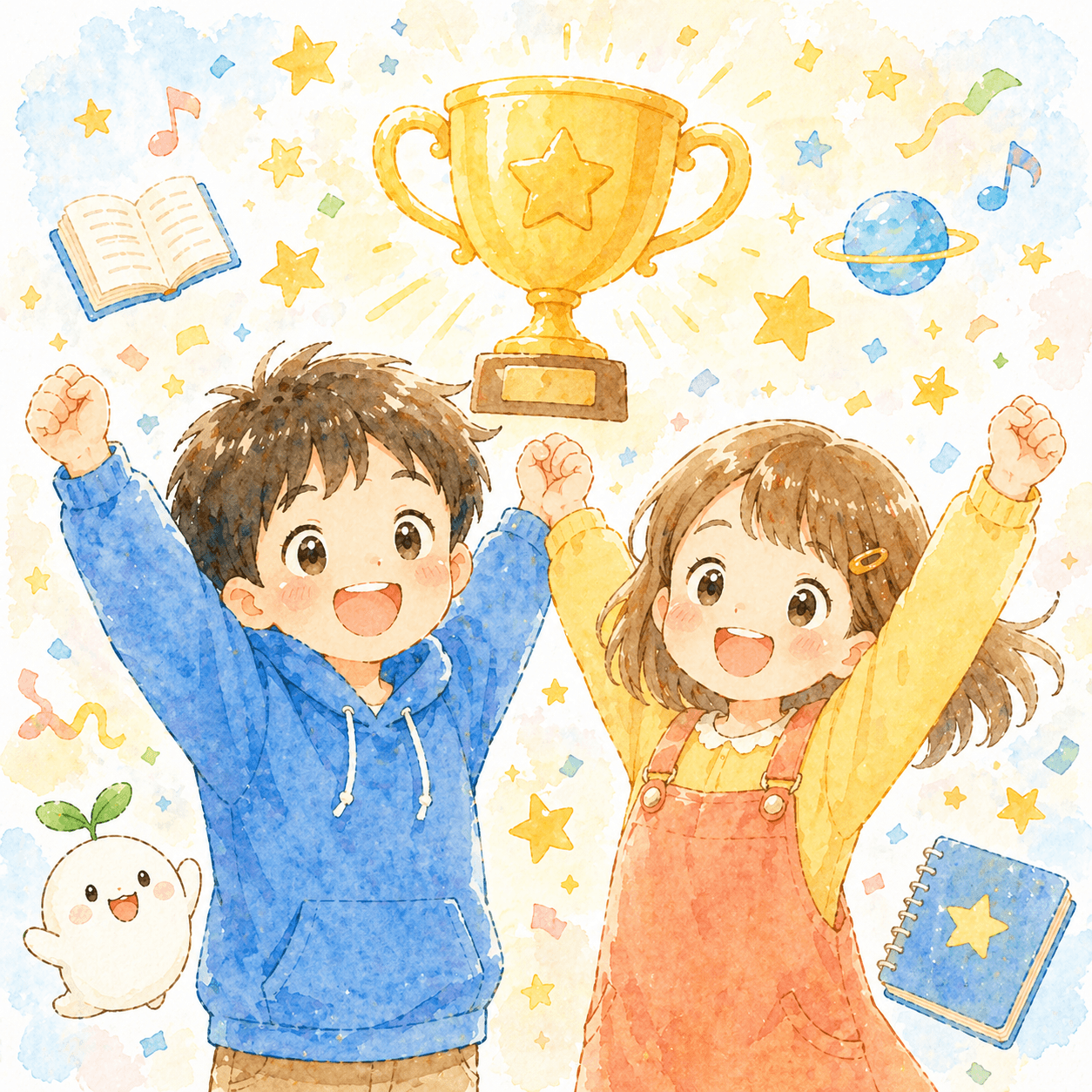 トロフィーを背に両手をあげて喜ぶ男の子と女の子のイラスト