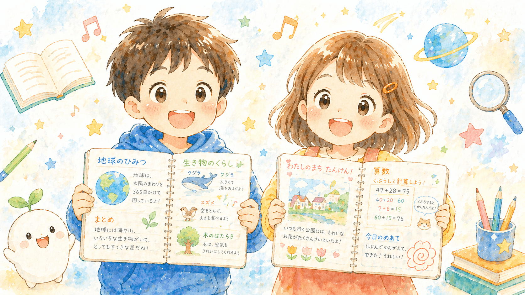 自分のノートを誇らしげに見せる男の子と女の子のイラスト