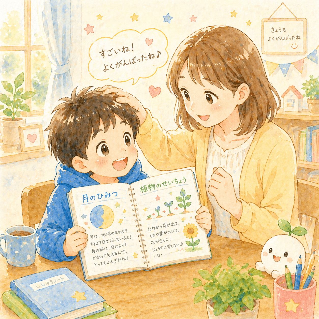 お母さんが子どものノートを優しく見守って褒めているイラスト