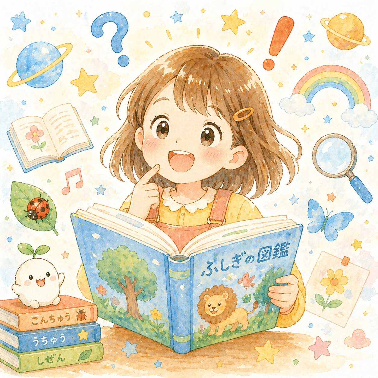 図鑑をひらいて目を輝かせる女の子のイラスト